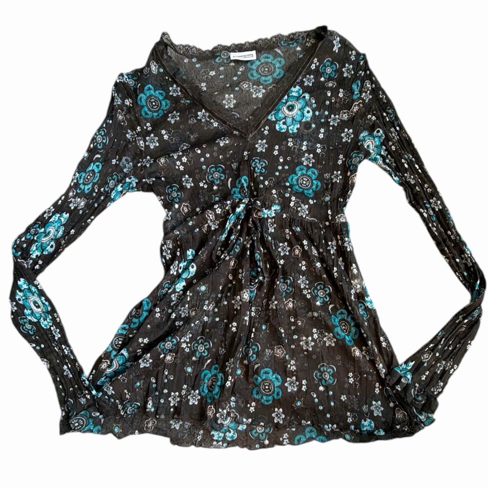 Street One European Mesh Brown Long Sleeve Babydoll With Tie And Blue Flowers M